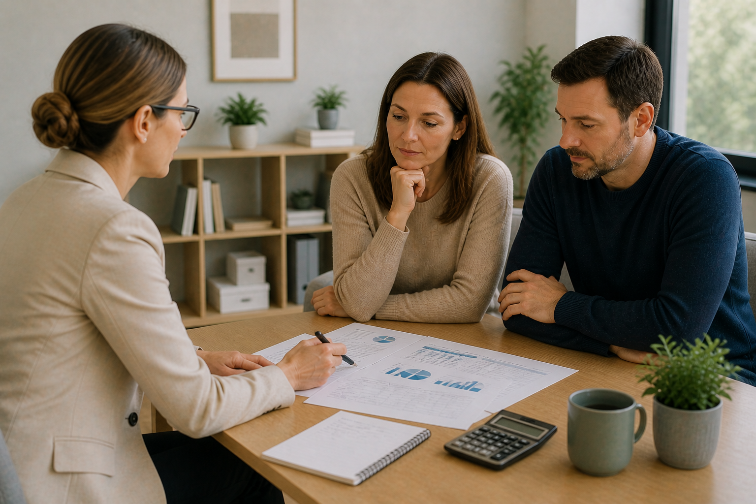 A family sitting together and talking in a calm way, with a mediator supporting the conversation